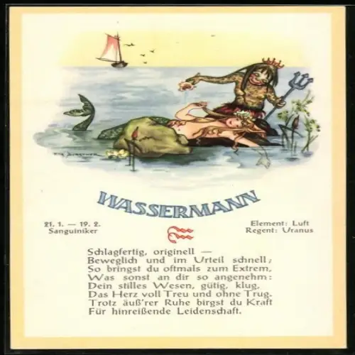AK Sternzeichen Wassermann, Sanguiniker, Element Luft, Regent Uranus, Schlagfertig, originell, beweglich und im Urteil..