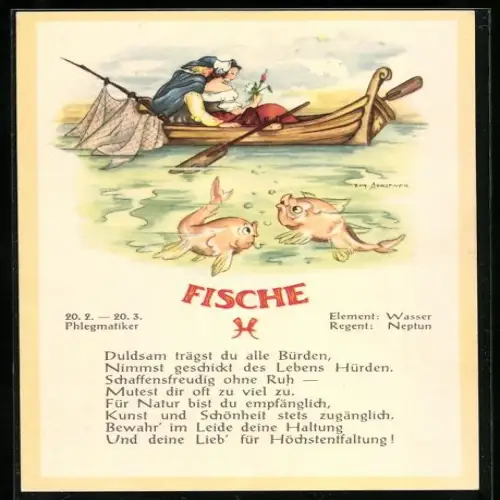 AK Eigenschaften des Sternzeichens Fische, Liebespaar auf einem Ruderboot werden von Fischen beobachtet