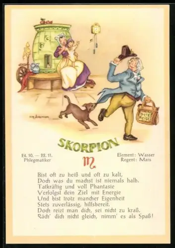 AK Sternzeichen Skorpion, Phlegmatiker, Element Wasser, Regent Mars, Bist oft zu heiss und oft zu kalt, doch was du...