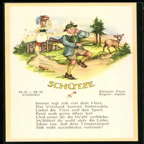 AK tanzender Schütze auf dem Feldweg, Sternzeichen
