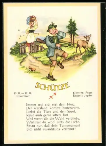 AK tanzender Schütze auf dem Feldweg, Sternzeichen