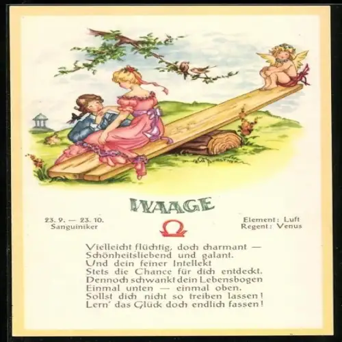 AK Sternzeichen Waage, Sanguiniker, Element Luft, Regent Venus, Vielleicht flüchtig, doch charmant, Schönheitsliebend...
