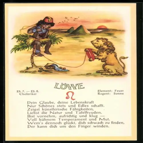 AK Sternzeichen Löwe, Löwe in der Wüste mit Pyramiden