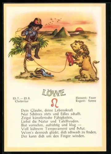 AK Sternzeichen Löwe, Löwe in der Wüste mit Pyramiden