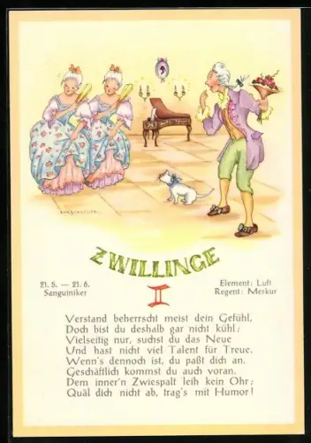 AK Sternzeichen Zwillinge, Mann ist verblüfft über Zwillinge, mit Gedicht