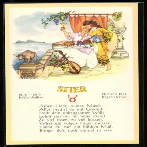 AK Sternzeichen Stier: Arbeit, Liebe, Kunst, Musik... Wirtin am gedeckten Tisch