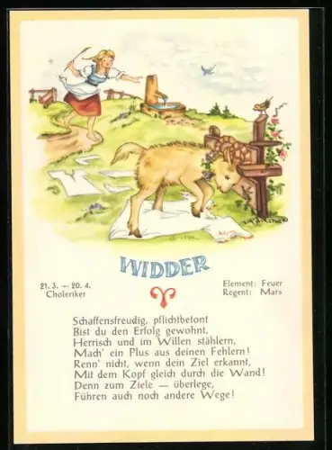 Künstler-AK Sternzeichen Widder, Widder rennt gegen einen Zaun