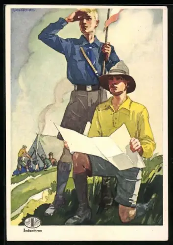 AK Zwei Pfadfinder mit Plan, Im Hintergrund Zelt mit Kochstelle, Reklame für Indanthren