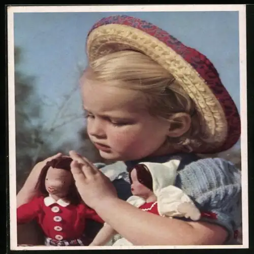 AK Mädchen mit Strohhut und Puppen