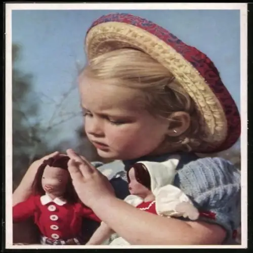 AK Mädchen mit Strohhut und Puppen