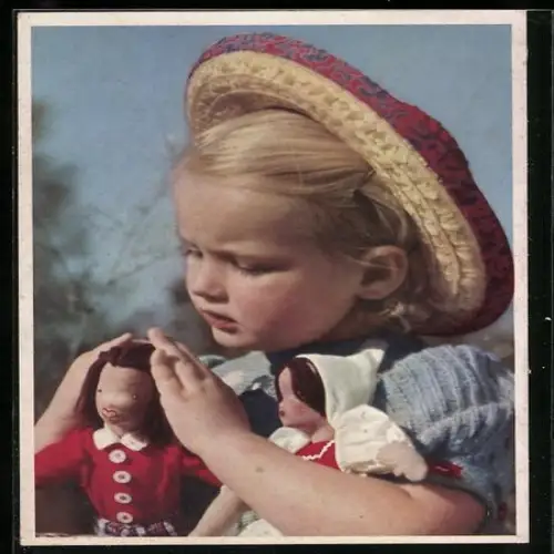 AK Mädchen mit Strohhut und Puppen