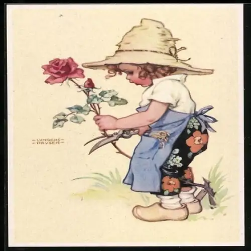 Künstler-AK Lungershausen: Kind mit Strohhut schneidet Rose mit Gartenschere