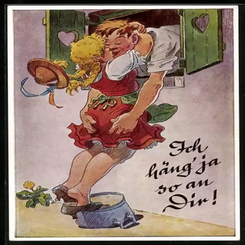 AK Ich häng ja so an Dir!, Liebespaar beim Küssen am Fenster, er hält sie an ihrem Hintern fest