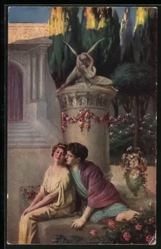 Künstler-AK Imita / A.S.-M. Leipzig Nr. 561: junges Liebespaar sitzt am Brunnen