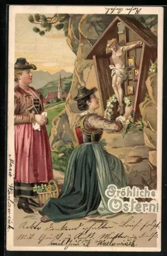 Künstler-AK H. Schubert: Älplerinnen beim Ostergebet am Bildstock