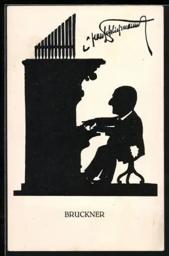 AK Scherenschnitt von Bruckner an der Orgel