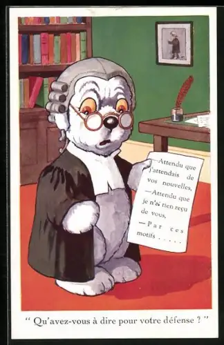 Künstler-AK Hund als Richter mit Perücke