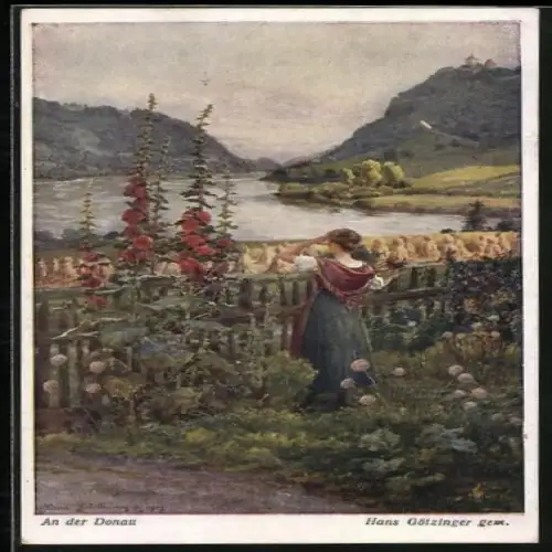 Künstler-AK Hans Götzinger: Blumenmädchen blickt zur Donau