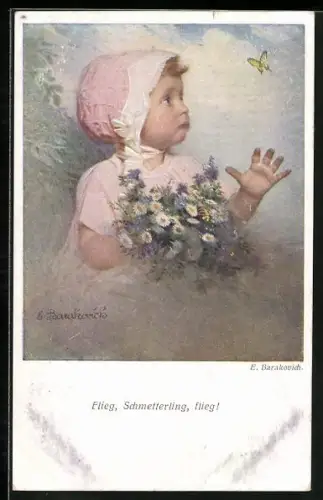 Künstler-AK Brüder Kohn (B.K.W.I) Nr.: 244-4, Flieg, Schmetterling, flieg!, Kind mit Blumenstrauss