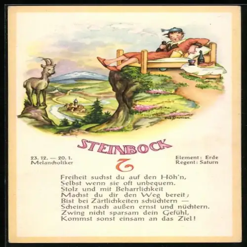 AK Sternzeichen Steinbock, Mann in einem Bett auf einem Berg