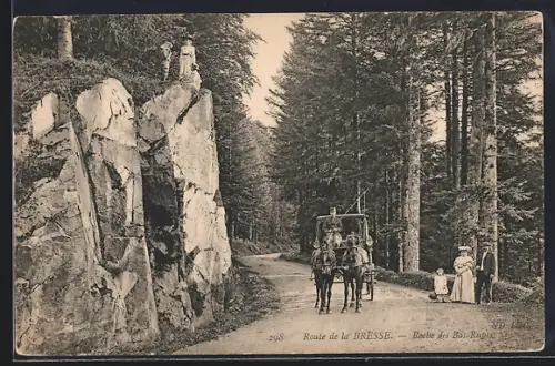 AK La Bresse, Route des Bas-Rupts avec calèche et promeneurs dans la forêt