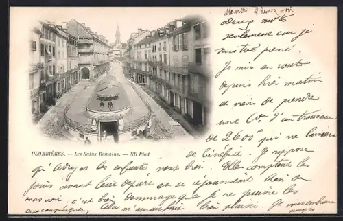 AK Plombières, Les Bains Romains et rue animée avec passants