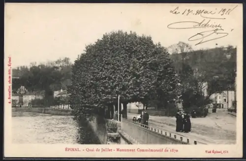 AK Épinal, Quai de Juillet, Monument Commémoratif de 1870