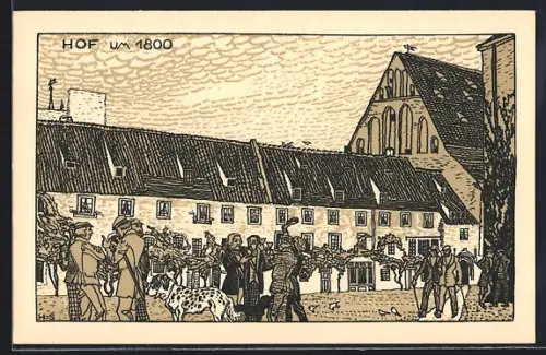Steindruck-AK Leipzig, 500 Jahre Universität 1409-1909, Hof der Universität um 1800, Hund