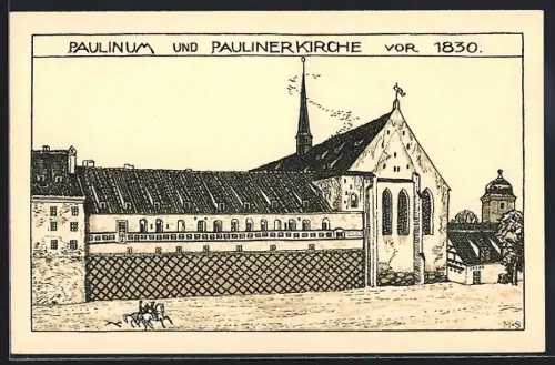 Künstler-AK Leipzig, Paulinum & Paulinerkirche vor 1830