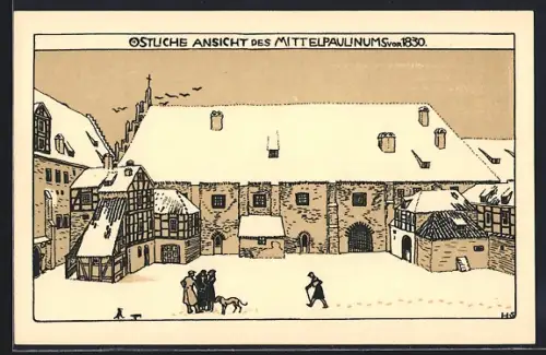 Künstler-AK Leipzig, östliche Ansicht des Mittelpaulinums vor 1830