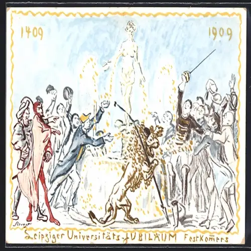 Künstler-AK Leipzig, 500 Jahre Universitäts-Jubiläum (1409-1909), Festkomers, studentische Szene