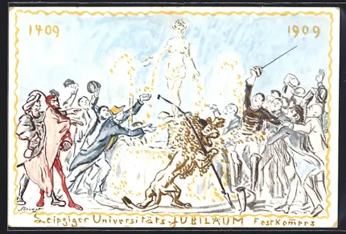 Künstler-AK Leipzig, 500 Jahre Universitäts-Jubiläum (1409-1909), Festkomers, studentische Szene