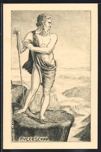 Künstler-AK Leipzig, Mann über Tal blickend, Offizielle Postkarte zur 500 jährigen Jubiläumsfeier der Universität