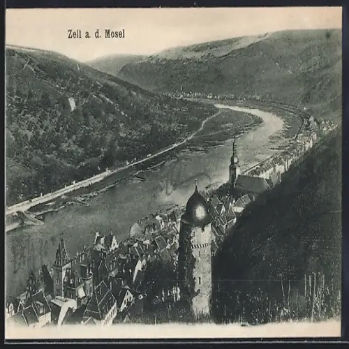 AK Zell a. d. Mosel, Ortsansicht mit Moselpartie