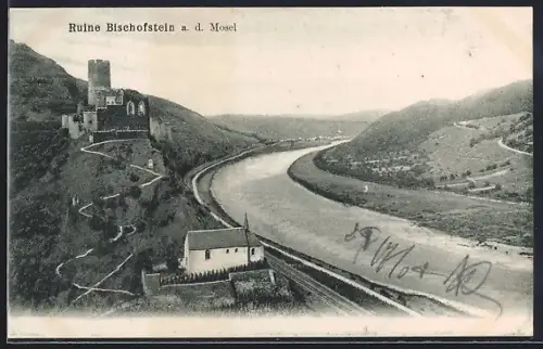 AK Bischofstein a. d. Mosel, Ruine mit Moselpartie