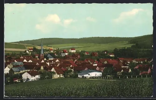AK Oberaula /Knüll, Ortsansicht mit Kirche und umliegender Landschaft