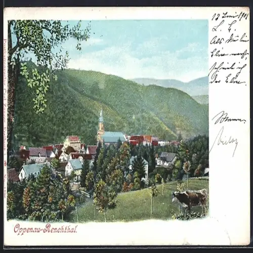 AK Oppenau-Renchtal, Ortsansicht mit Kirche und umliegenden Bergen