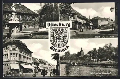 AK Osterburg /Altmark, Am Rathaus, Marx-Engels-Platz, Strasse des Friedens, Städtisches Biesebad