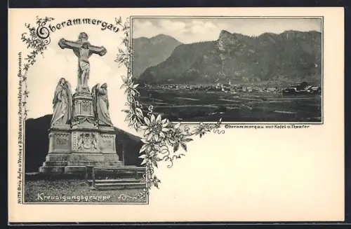 AK Oberammergau, Kreuzigungsgruppe, Ortsansicht mit Kofel und Theater