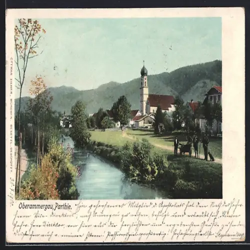 AK Oberammergau, Flusspartie mit Kirche