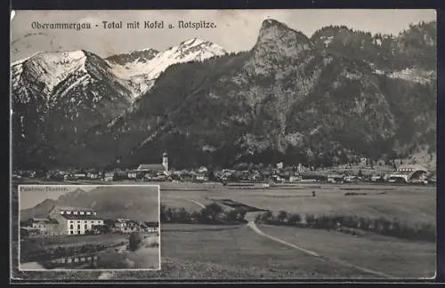 AK Oberammergau, Ortsansicht mit Kofel u. Notspitze, Passionstheater