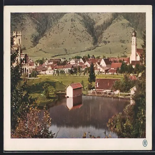 AK Oberammergau, Ortsansicht mit Kirche und See