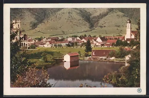 AK Oberammergau, Ortsansicht mit Kirche und See