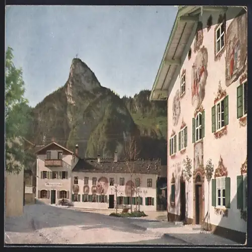 AK Oberammergau, Bemalte Häuser in der Hauptstrasse mit Kofel
