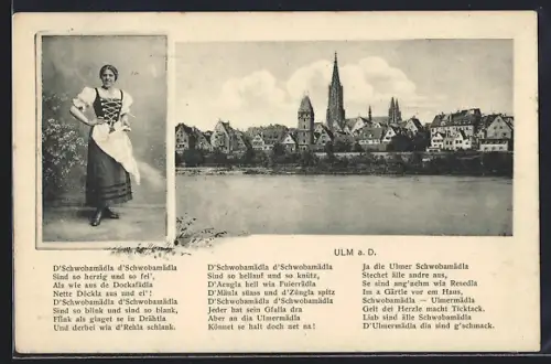 AK Ulm a. D., Frau im Tracht, Ortsansicht vom Fluss aus