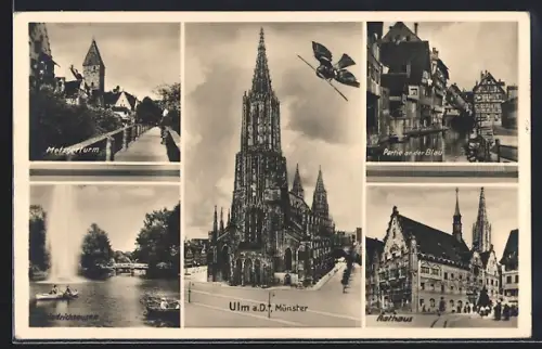 AK Ulm a. D., Münster, Metzgerturm, Rathaus, Partie an der Blau