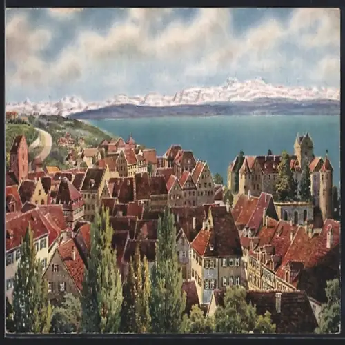 Künstler-AK Meersburg a. B., Oberstadt und Schloss, Blick auf das Gebirge