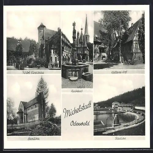 AK Michelstadt /Odenwald, Schloss Fürstenau, Rathaus, Kellerei-Hof, Basilika, Stadion