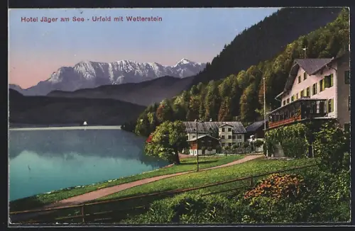 AK Urfeld am Walchensee, Hotel Post u. Jäger am See mit Wetterstein