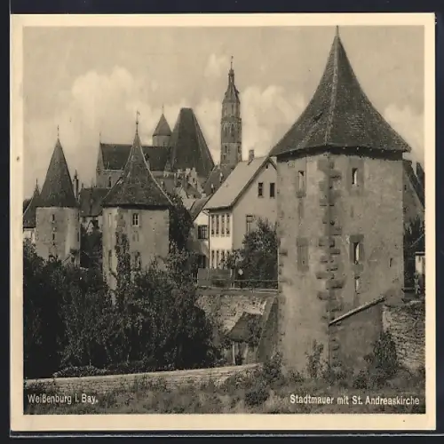 AK Weissenburg i. Bay., Stadtmauer mit St. Andreaskirche